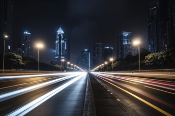 Fototapeta na wymiar Straight asphalt highway passing through the night city