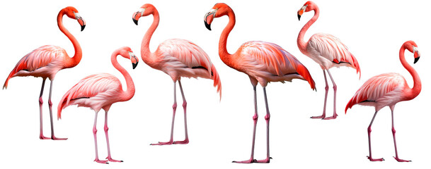 Fototapeta premium Set with pink tropical bird flamingoes, isolated, generative ai