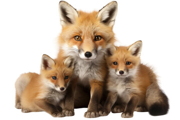 Red Fox Vixen and Kits on isolated background
