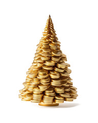 Christmas, golden money tree made of coin - isolated on free PNG Background. - obrazy, fototapety, plakaty