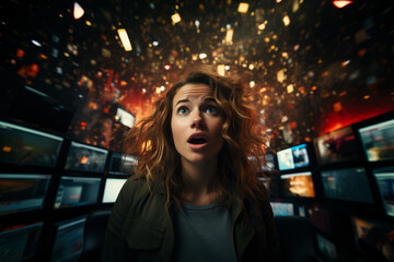 Portrait of a girl surrounded by television screens