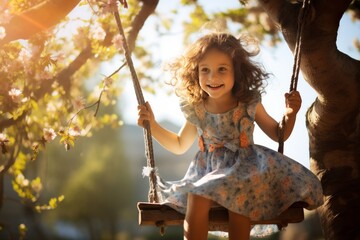 Happy kid girl on a swing on the tree in a summer day. AI generated - Powered by Adobe