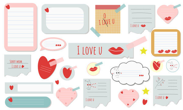 Fototapeta set of colored sheets, paper stickers of different shapes with hearts, lips, inscriptions "I love you", funny faces, torn edges glued with sticky tape, isolated on a white background.Vector.