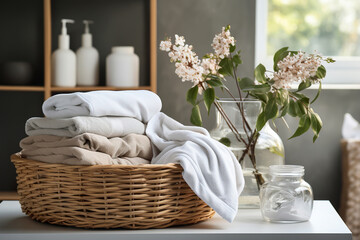 Wicker basket with washed towels in modern decorated laundry room.