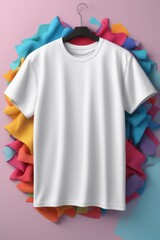 white t - shirt and colorful ribbon white t - shirt and colorful ribbon blank t - shirt with folded white t - shirt on colorful background. 3d rendering