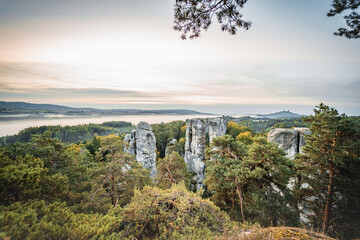 Hrubskalsko area in Czech republic in Czech paradise. Early morning sunset on a rocky mountain. Beautiful panorama landscape scenery. - obrazy, fototapety, plakaty