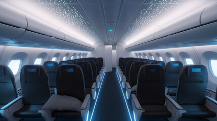 Obraz premium Economy class airplane cabin. AI Generated