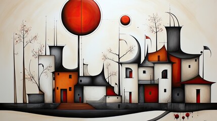 AI-generated minimalist illustration of a charming, quirky little red, white and black village. MidJourney.