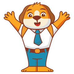 Cartoon dog going to school.A joyful cute tiger jumping cub in a school uniform with bag .A dog schoolboy with books.Line art vector illustration.Isolated on white background.Dog reading a book.