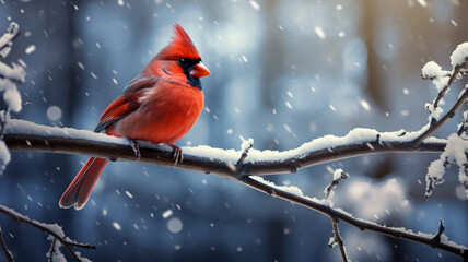 A cardinal bird perched on a snowy branch, AI Generative.