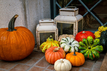 Series of colorful market pumpkins in front of the front door with lanterns