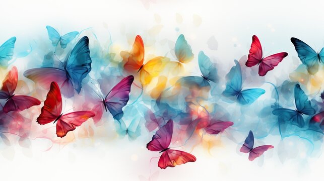 Fototapeta Background with colorful butterflies. Interior background for a girl's room. Rainbow watercolor butterflies