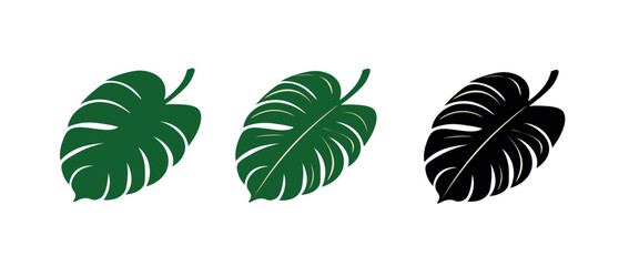 Exotic tropical leaves. Monstera plant leaf, banana plants and green tropics palm leaves. Jungle palms forest flora nature tropic leaves isolated vector illustration icons set. Palm leaf silhouette.