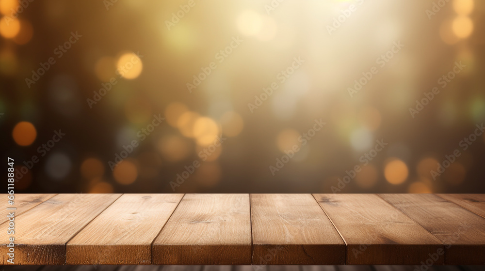 Wall mural empty wooden tabletop with blurry nature, product display background