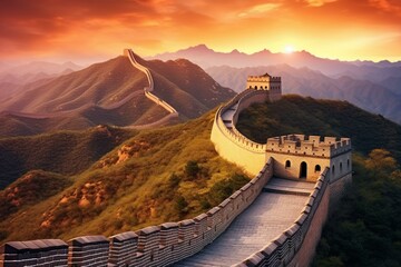 Panoramic view of the magnificent Great Wall of China at sunset. Generative AI