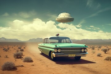 Fototapeta na wymiar Retro artwork featuring vehicle near horizon. Generative AI