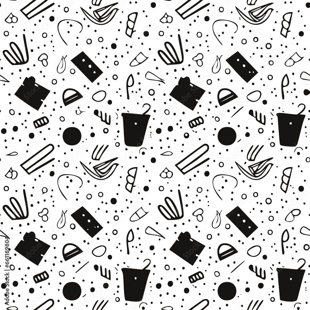 Poster mess of abstract objects. black and white vector seamless pattern. ai generated