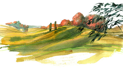 Watercolor illustration of landscape with fields in summer time.
