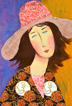 Hand drawn illustration of portrait of woman in modigliani style