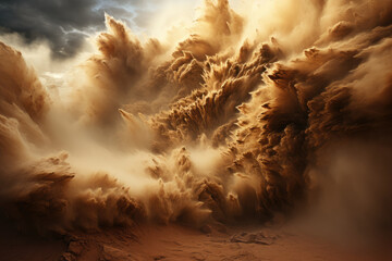 A whirlwind of sand and dust spiraling into the sky, creating a mesmerizing natural phenomenon. Concept of atmospheric dynamics. Generative Ai. - obrazy, fototapety, plakaty