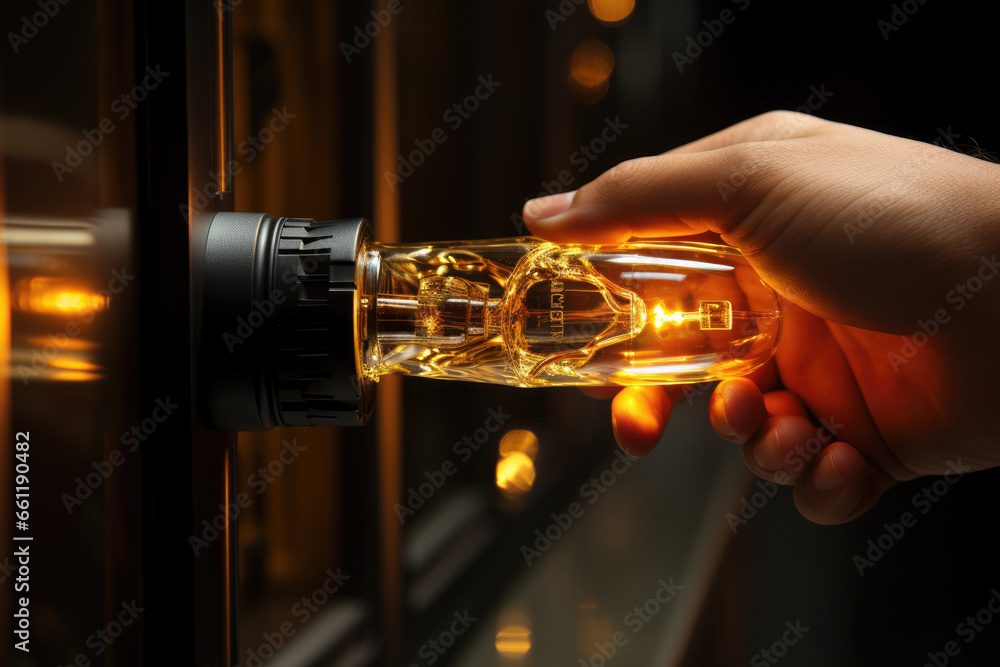 Poster a hand plugging an electrical cord into an outlet, symbolizing the connection of devices to a power 