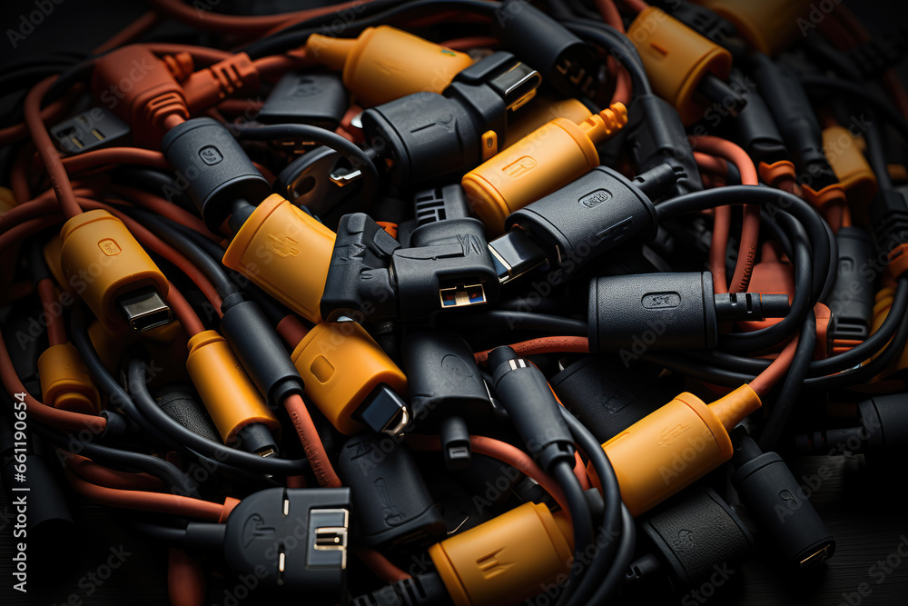 Poster a tangled bundle of charging cables and adapters, emblematic of our increasingly device-dependent wo