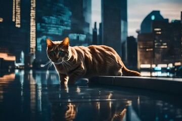 A photorealistic image of a giant cat exploring a futuristic city. 