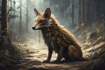 A detailed illustration of a new type of animal that has evolved to survive in a post-apocalyptic world. 