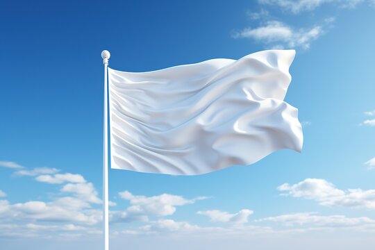 White flag waving in the wind on blue sky background. 3d rendering, AI Generated