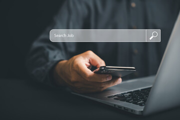 A man holding smart phone with find a job on screen, job search concept, man browsing work opportunities online using job search bar mobile app. find your career, man looking at online website