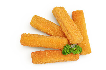 Fish finger or stick with parsley isolated on white background. Top view. Flat lay.