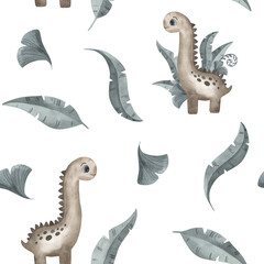 Cute little cartoon watercolor seamless pattern dinosaur - hand drawn illustration. Isolated on white. Nice character, leaves, texture. Sticker, textile, nursery design. © Elena