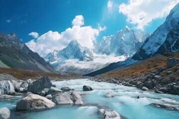 Majestic mountain landscape with snowy peaks and glacier waters. Generative AI
