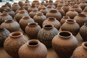 Fototapeta na wymiar elaborate clay pots exhibited, vases, receptacles, crafted utilizing utensils. Generative AI