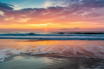 Fototapeta na wymiar colorful evening sky reflecting on ocean waves. Generative AI