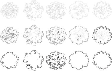 Tree plan line silhouettes - top view set 3