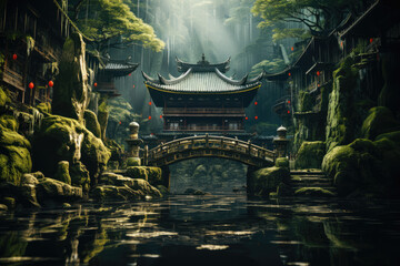 A Shinto shrine nestled in a serene forest, honoring the kami spirits and nature in Japanese...