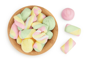 Colorful mini marshmallows in wooden bowl isolated on white background with full depth of field....
