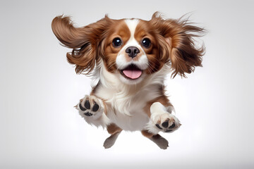 Cavalier King Charles Spaniel Jumping on White Background	