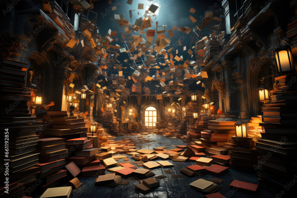Poster a room filled with floating books, pages open and words swirling in the air, creating a surreal libr