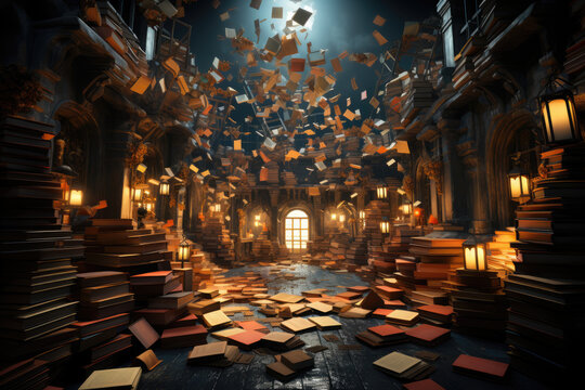 A room filled with floating books, pages open and words swirling in the air, creating a surreal library of knowledge and imagination. Concept of intellectual exploration. Generative Ai.
