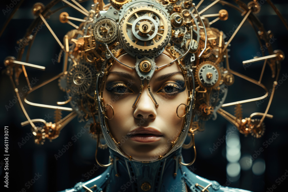 Poster a surreal portrait of a woman with a face composed of intricate clockwork gears and cogs, symbolizin