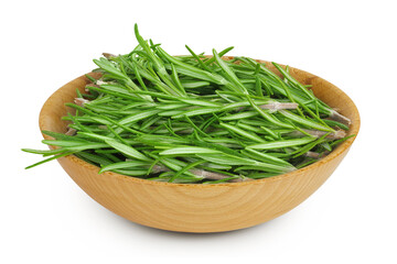 Rosemary twig and leaves in wooden bowl isolated on white background