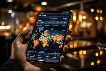 A close-up of a person's hand holding a tablet with a financial app, symbolizing the importance of technology in modern business ventures. Concept of digital entrepreneurship. Generative Ai.
