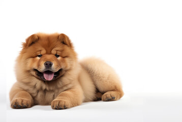 Cute fluffy purebred Chow Chow puppy lies on a white background. With copy space. Pedigree pup. For advertising, posters, banners, promoting pet stores, dog care, grooming services, veterinary clinics