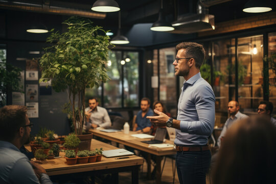 A startup founder delivering a persuasive pitch to a potential client, showcasing the art of persuasion in business. Concept of salesmanship. Generative Ai.