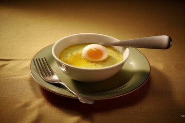 Meal with egg and soup on table. Spoon. Generative AI