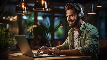 young handsome man in headphones working on computer at home. young guy is working in the night office.