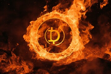 circular cryptocurrency symbol engulfed in flames. Generative AI