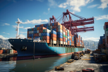 Fototapeta premium A shipping container being loaded onto a cargo ship at a bustling international port, illustrating the logistics of global trade. Concept of international shipping. Generative Ai.